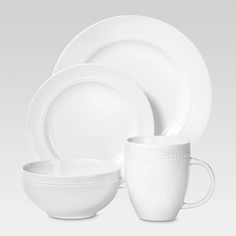 16pc Porcelain Beaded Rim Dinnerware Set White