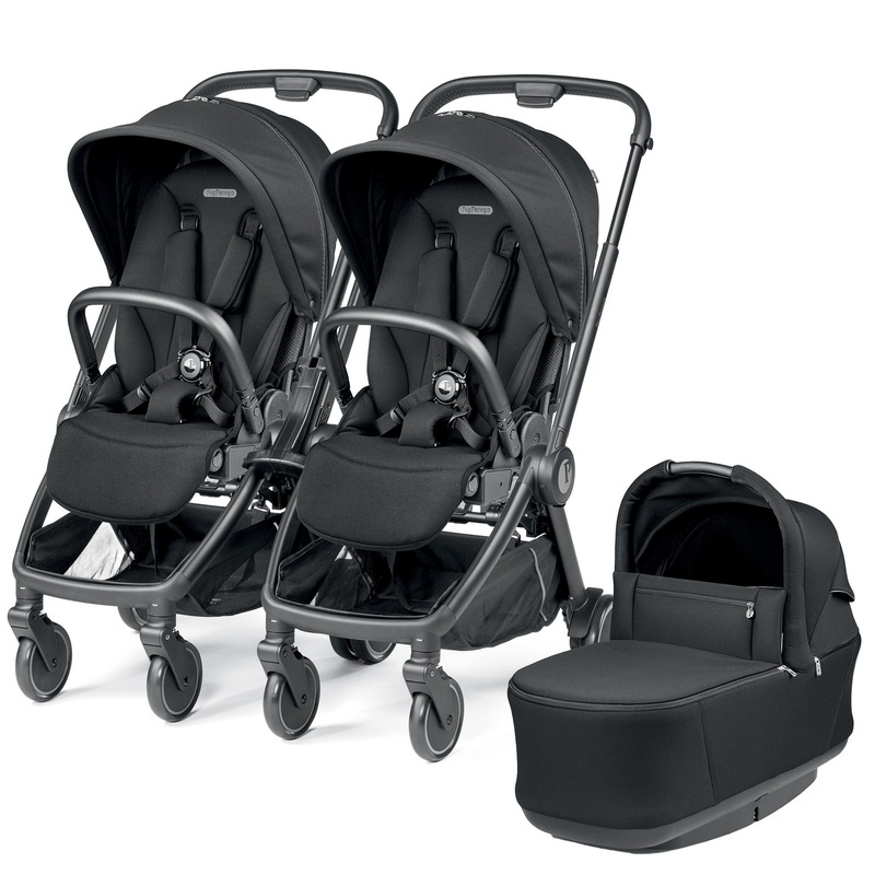 Peg Perego City Loop Double Stroller + Pop Up Bassinet With Stand Bundle – Black / True Black / True Black