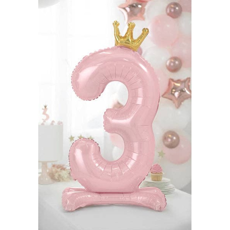 Standing Foil Number Balloon – Light Pink with Gold Crown | 33 Inches