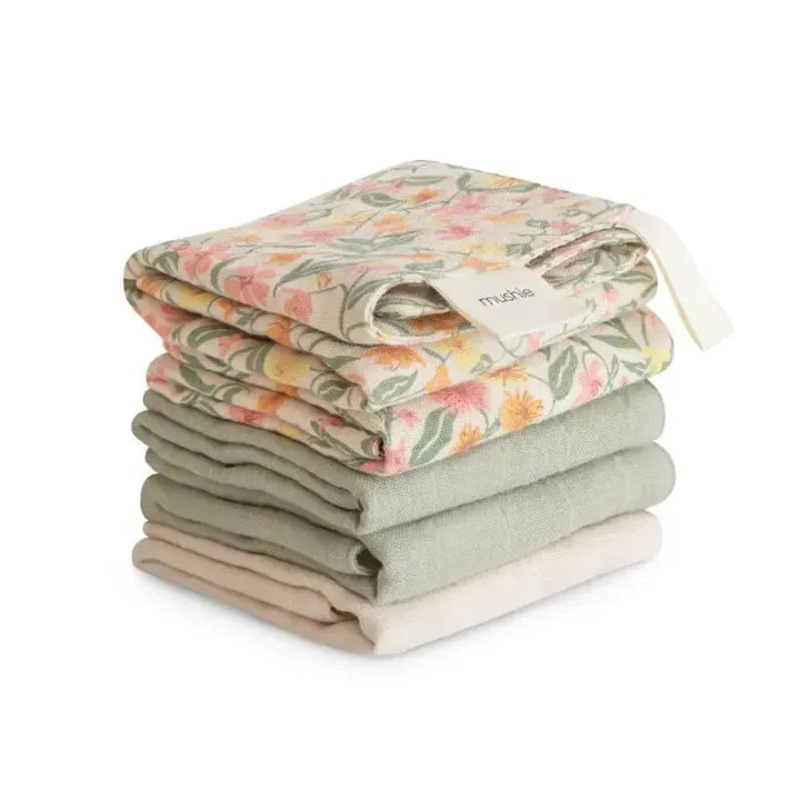 Mushie – Muslin Cotton Washcloth 5-Pack – Pastel Blooms
