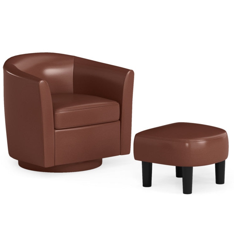 Modern Club Swivel Accent Chair With Ottoman Footrest Curved Backrest-Brown