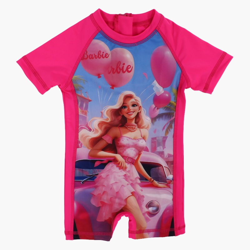 Girls Overall Swimsuit  Fuchsia with Barbie Print