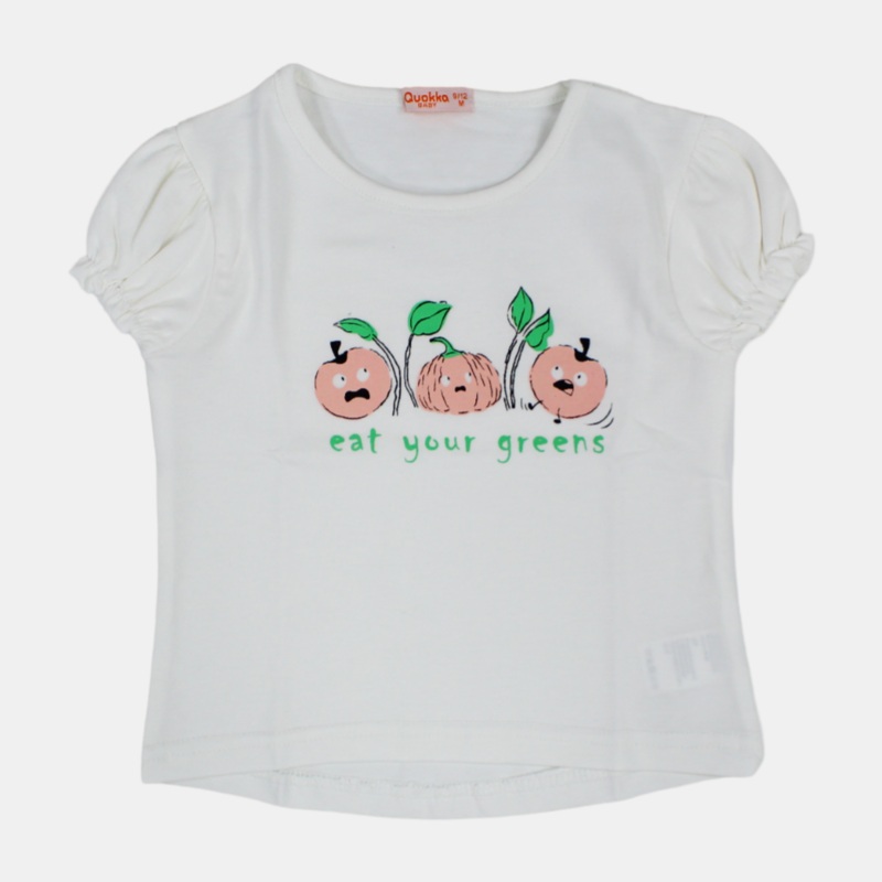 Girls Short-Sleeved Cotton T-Shirt with “Eat Your Greens” Print