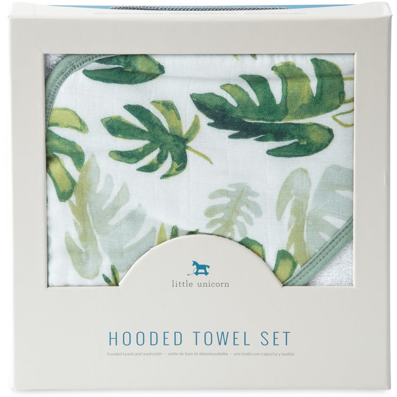 Little Unicorn Cotton Hooded Towel & Washcloth – Tropical Leaf