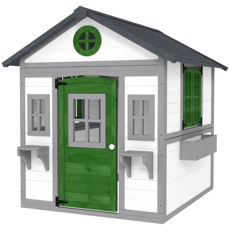 Outsunny Wooden Playhouse for Kids Outdoor with Doors, Windows, Planter Pots and Boxes for Toddlers 3-8 Years, White