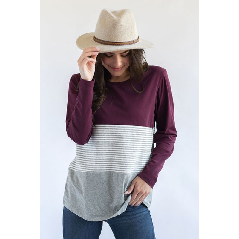 Nursing Queen Long Sleeve Nursing Top Large Wine/Grey Stripes