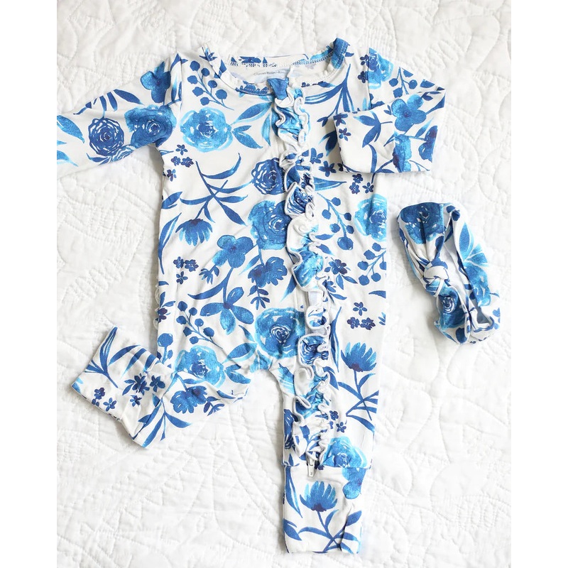 Charlie’s Project Bamboo Footless Zippy Baby Romper 3-6 Months Country Blue Ivy – with Headband