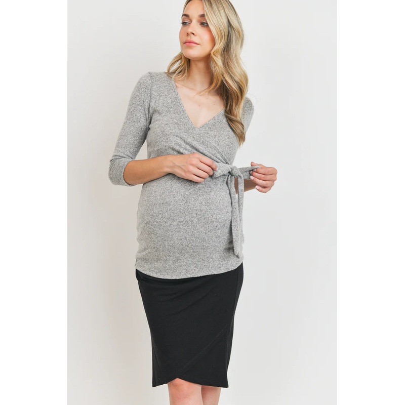 Hello Miz Brushed Hacci Maternity/Nursing Top Small Heather Grey