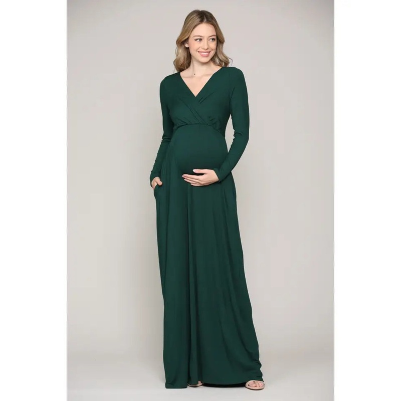 Hello Miz Surplice Long Sleeve Nursing Maxi Knit Dress Small Hunter Green