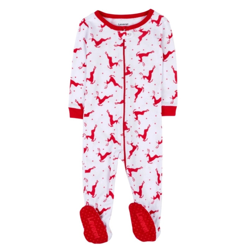 Leveret Pajamas Footed Cotton Pajama Red & White Reindeer Christmas 0-3 Months