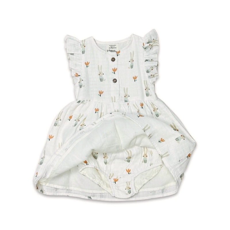 Viverano Organics Bunny Ruffle & Button Flare Baby Dress + Bloomer 0-3 Months