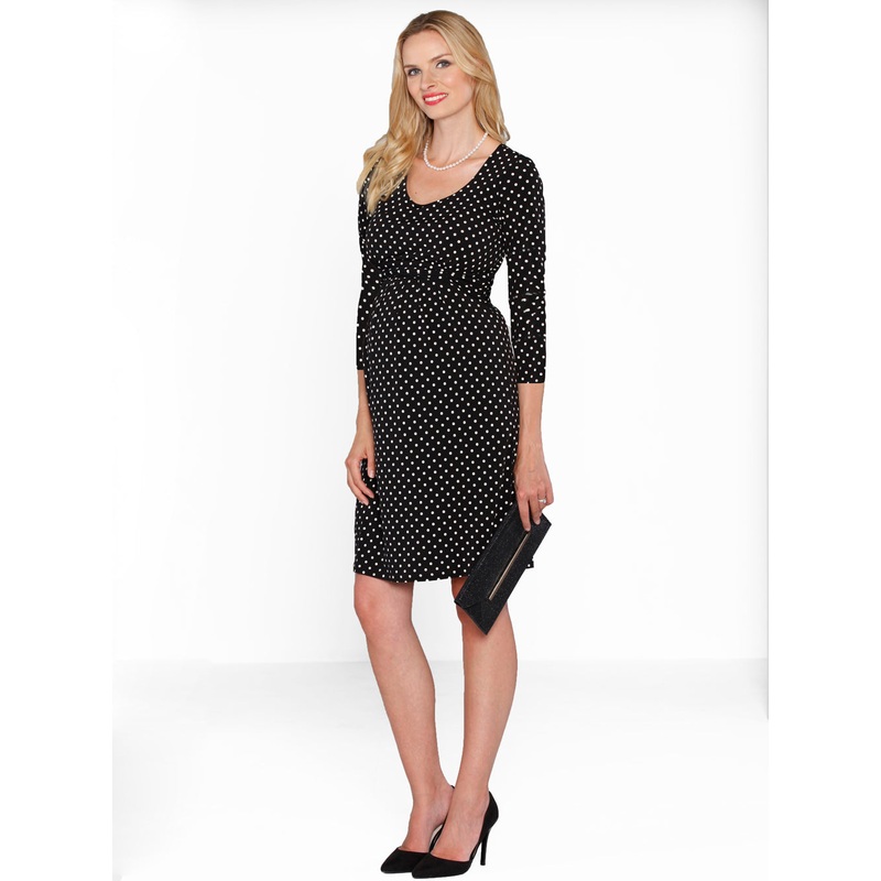 Black Maternity Busy Mommy Nursing Dress in White Dots XS N8122MF -#F-1