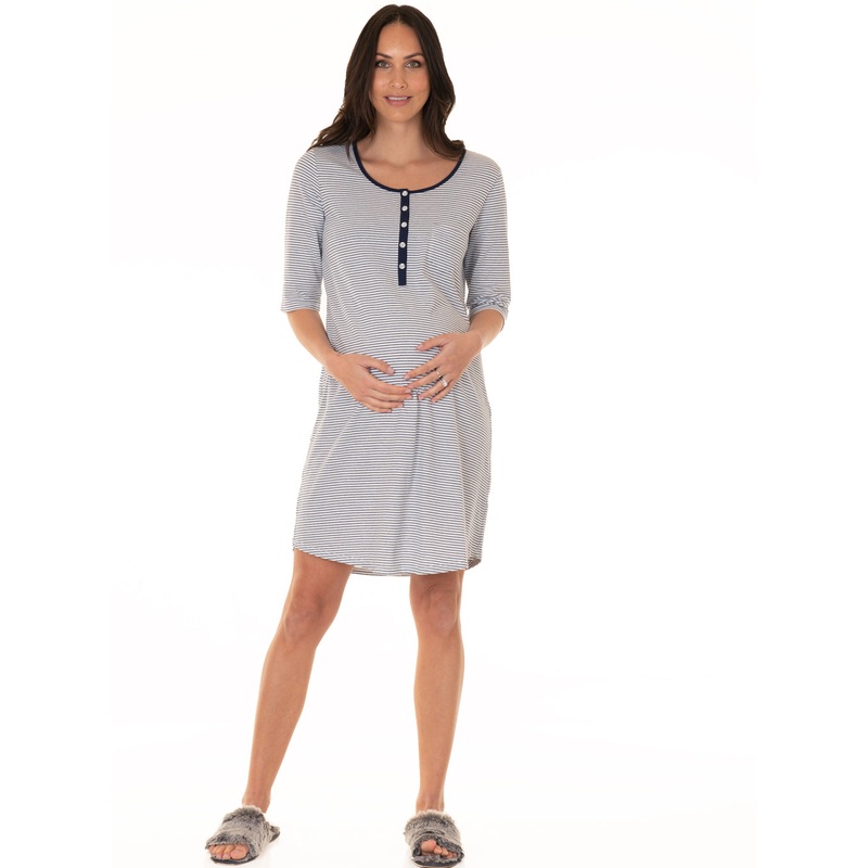 Button Front Nursing Sleep Dress – Navy Stripes XS #F-2