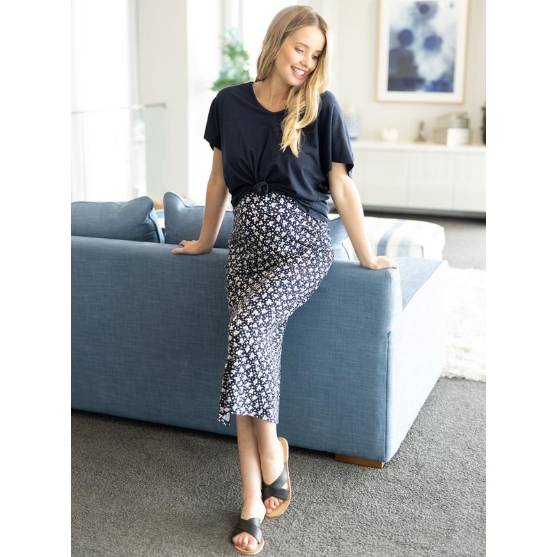 Fitted Maternity Maxi Skirt in Blue With Small White Leaf Print XS 379C-#E-9