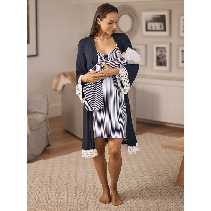 Hospital Pack: Maternity Robe + Nightie + Free Baby Blanket Wrap – Navy XS
