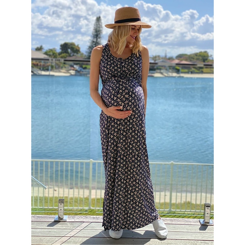 Maternity and Nursing Button up front Maxi Dress in Navy XS