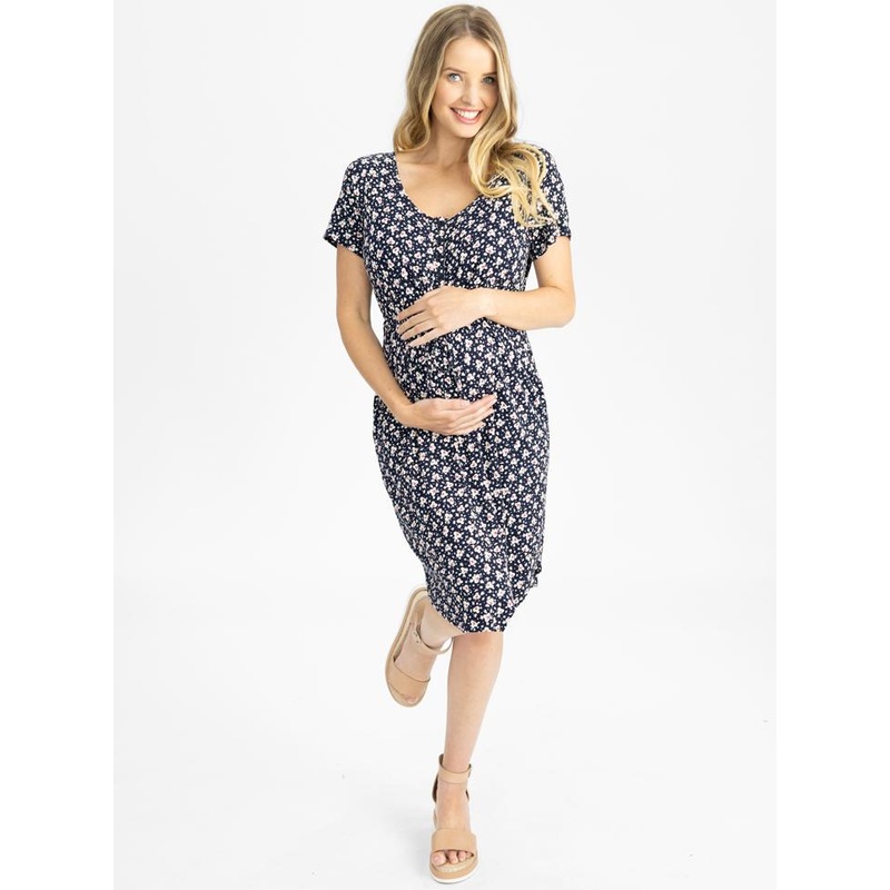 Maternity and Nursing Short Sleeve Dress in Navy#F-4 XS