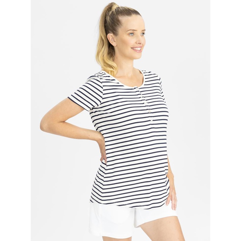 Maternity Nursing Tee with Button Front – Navy Stripes XS N2247SC-#D-2