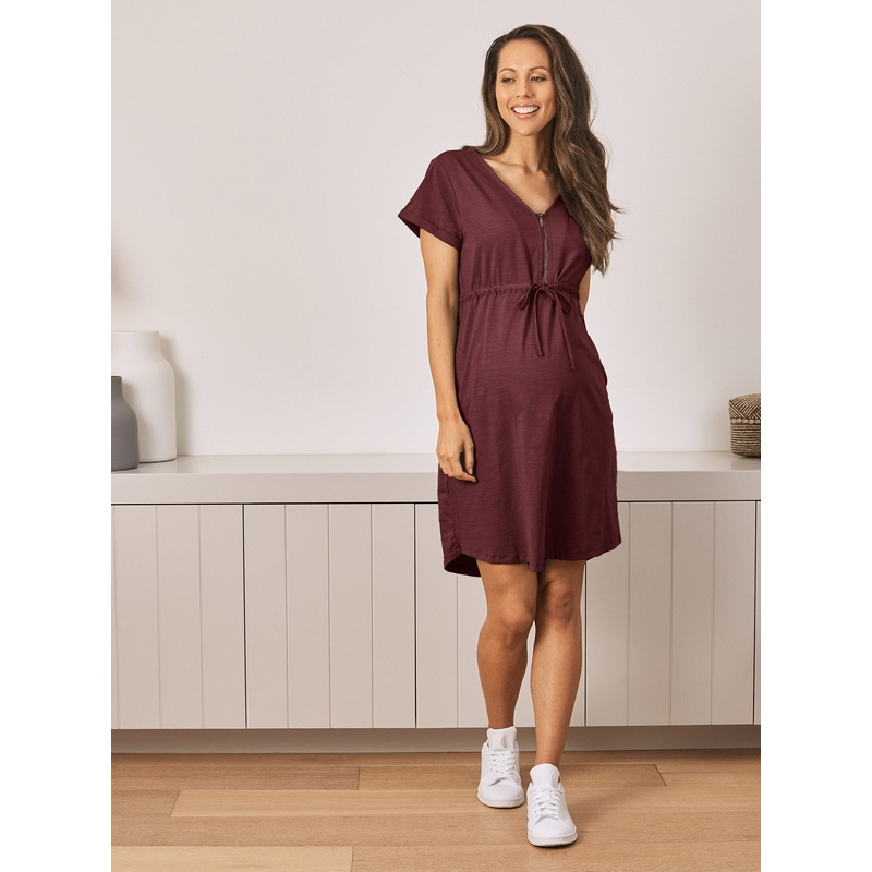Mia Maternity & Nursing Zipper Drawstring Dress in Burgundy XS