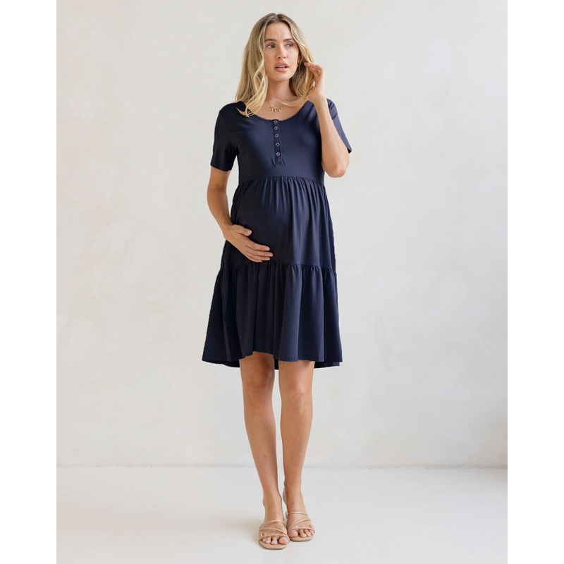 Navy Short Sleeve Maternity Tiered Dress XS