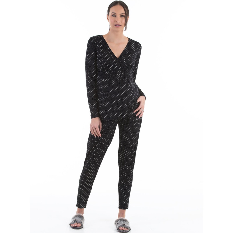 V-Neck Top and Pants Loungewear/Pajama Set – Black Polka Dot Black XS 7263B-#F-11