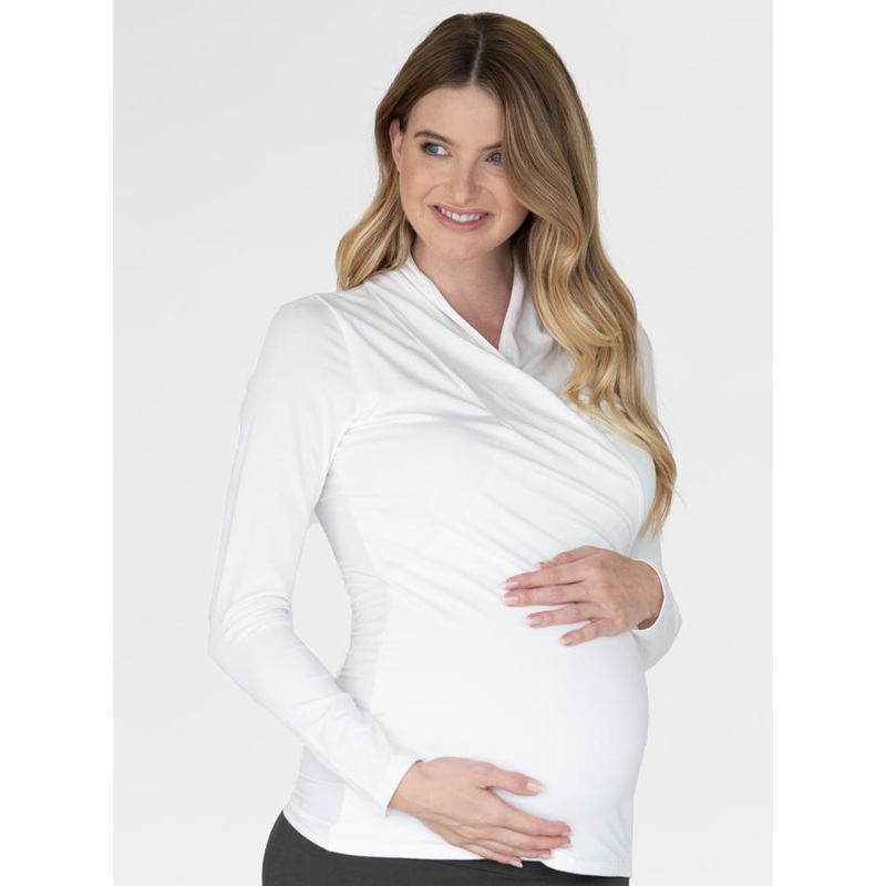White Maternity Crossover Bamboo Long Sleeve Top XS