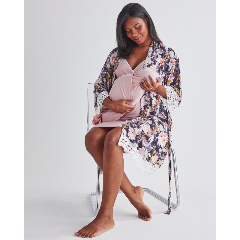 3 Pieces Hospital Pack: Nursing Nightie + Robe – Pink Floral XS