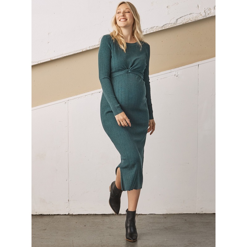 Annabella Knit Maternity Midi Dress in Teal XS