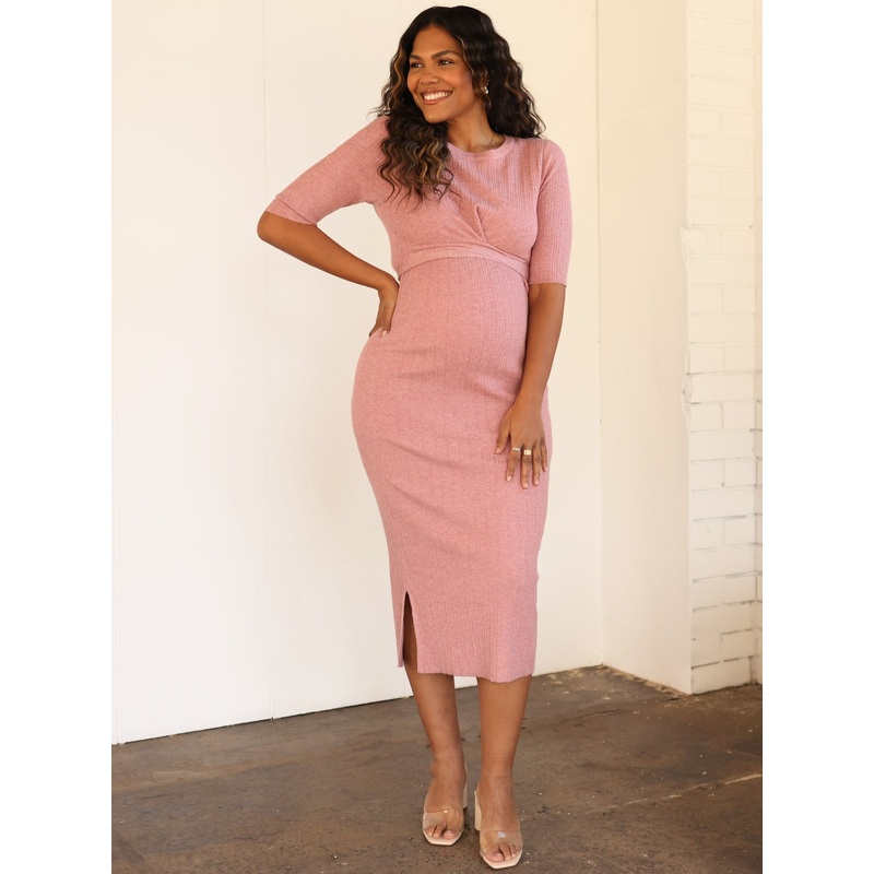 Annabella Wool Knit Maternity Midi Dress in Pink XS