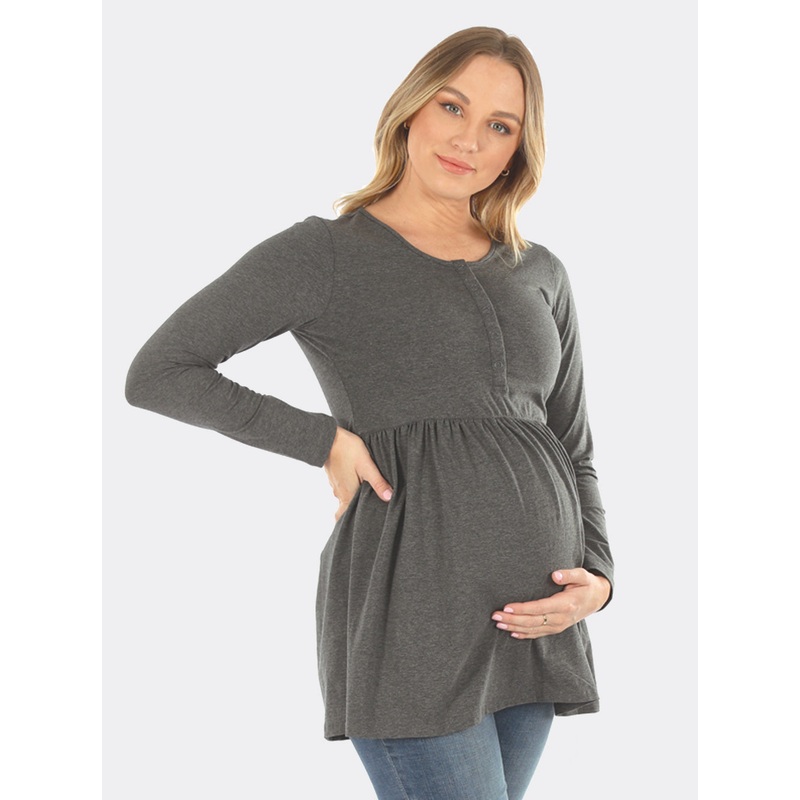 Baby Doll Long Sleeve Maternity & Nursing Top in Grey XS Charcoal N2215CHA