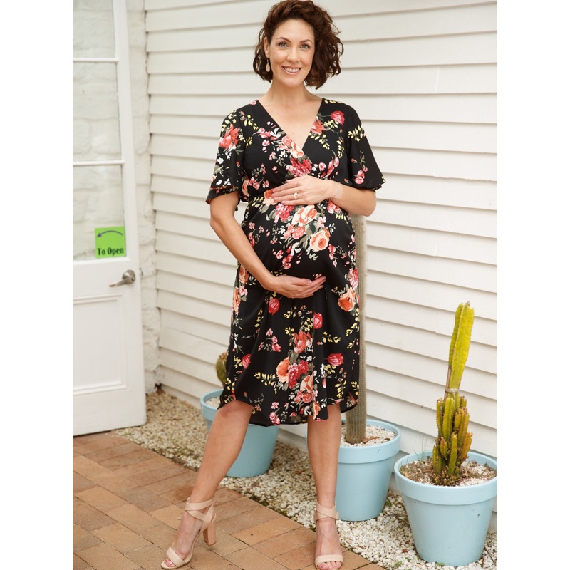 Bella Floral Print V-neck Maternity Dress in Black XS 874B-#C-2