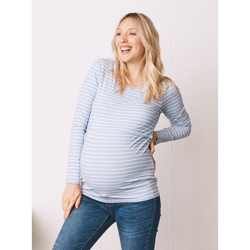 Blue Striped Long Sleeve Nursing Cotton Top XS
