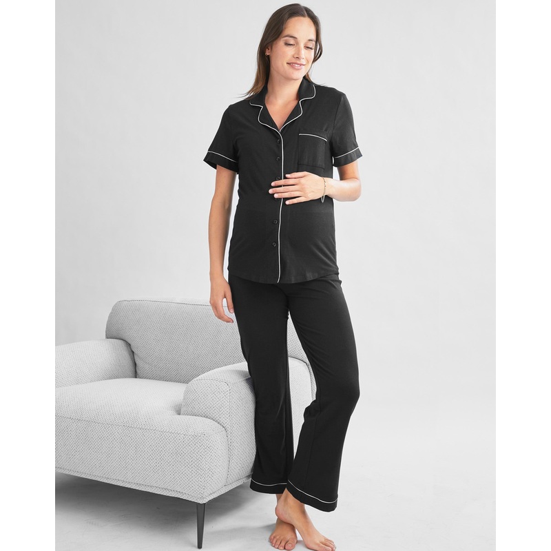 Button Front Short Sleeve Black Maternity & Nursing Pajama Set XS