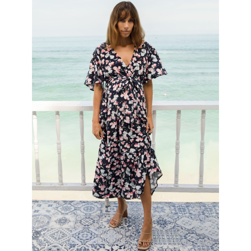 Cara Navy Floral Print Baby Shower Maternity Dress XS 8335BKP