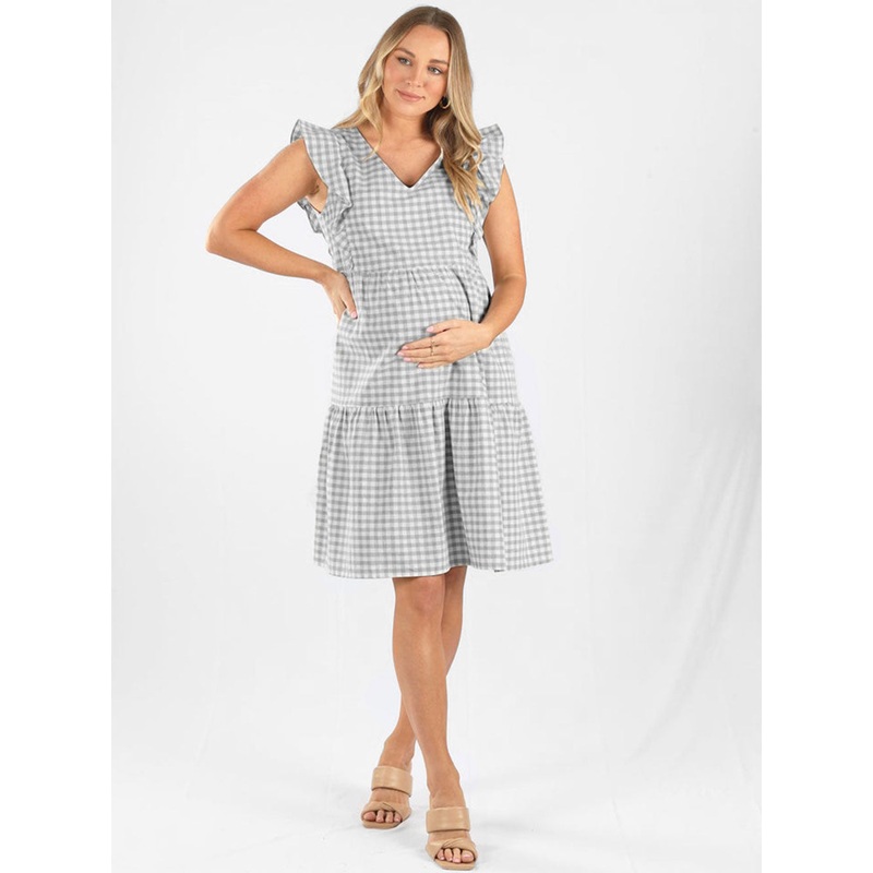 Cotton Maternity Gingham  Dress in Blue & White Check XS #F-6