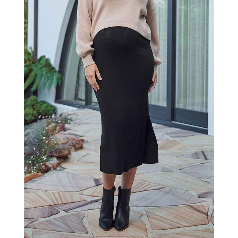 Jade Knitted  Maternity Maxi Skirt with Side Split in Black XS
