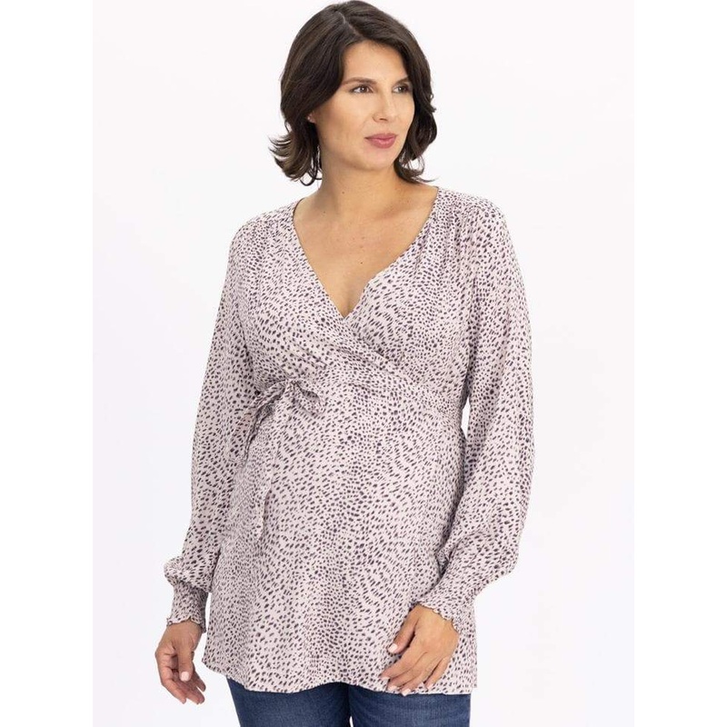 Long Sleeve Maternity Wrap Blouse in Animal Print – Pink XS N261BR-#D-2