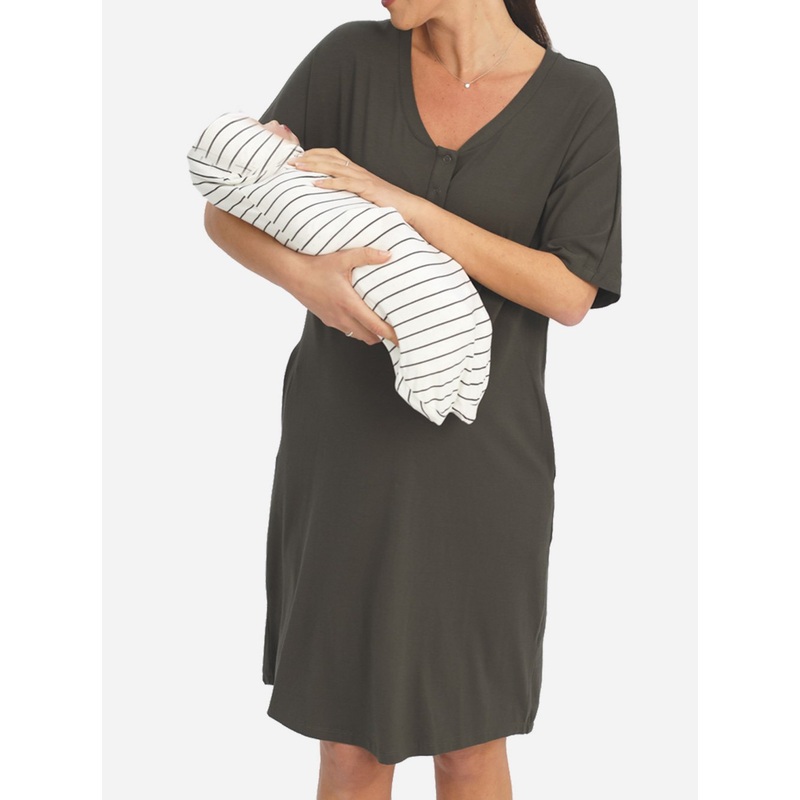 Mama Hospital Nightie, knee Length with Baby Pouch in Olive Green XS