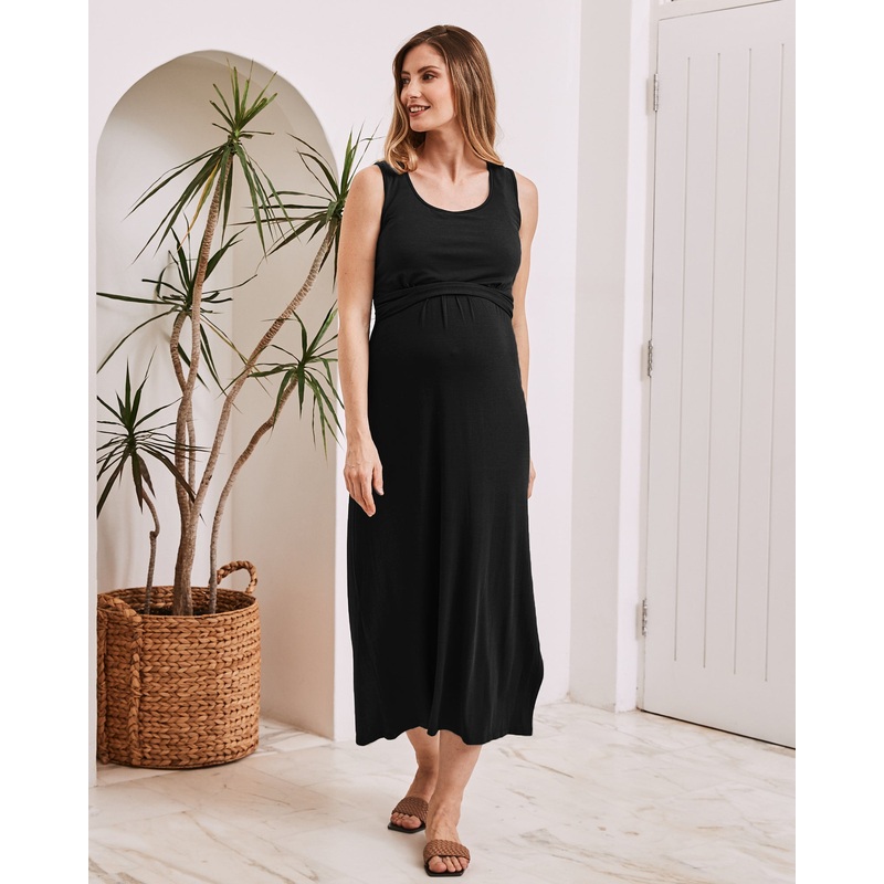 Martina Maternity & Nursing Black  Sleeveless Bamboo Maxi Dress XS