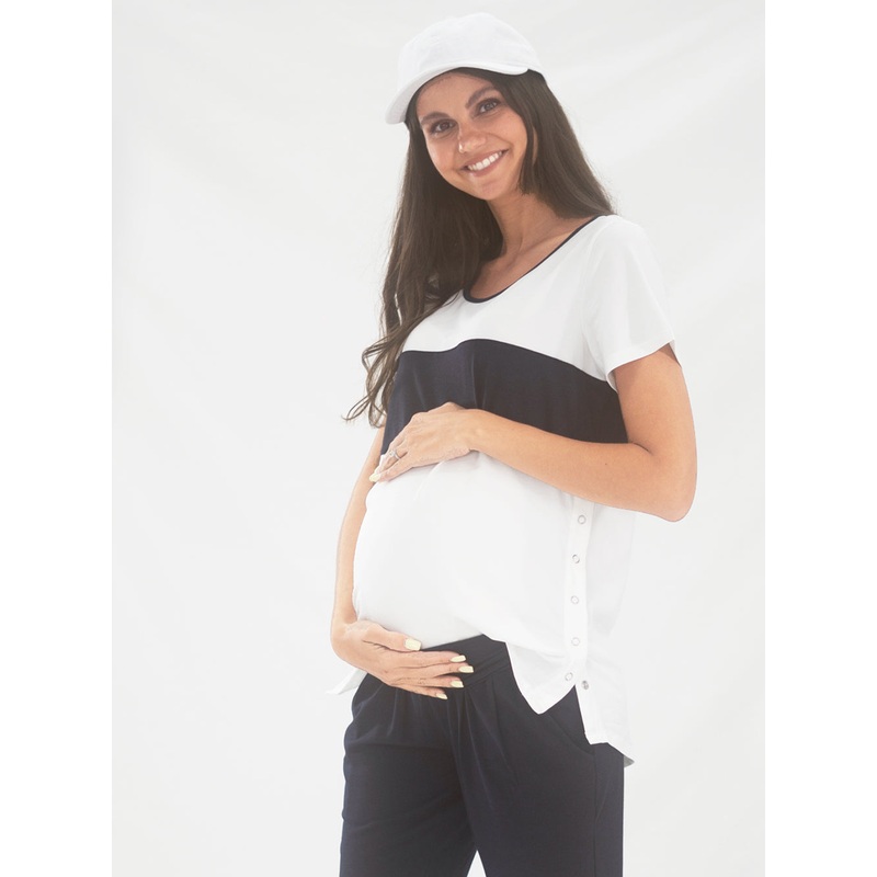 Maternity and Nursing T-Shirt in Navy and White with Side Zip XS N288WNV-#F-8