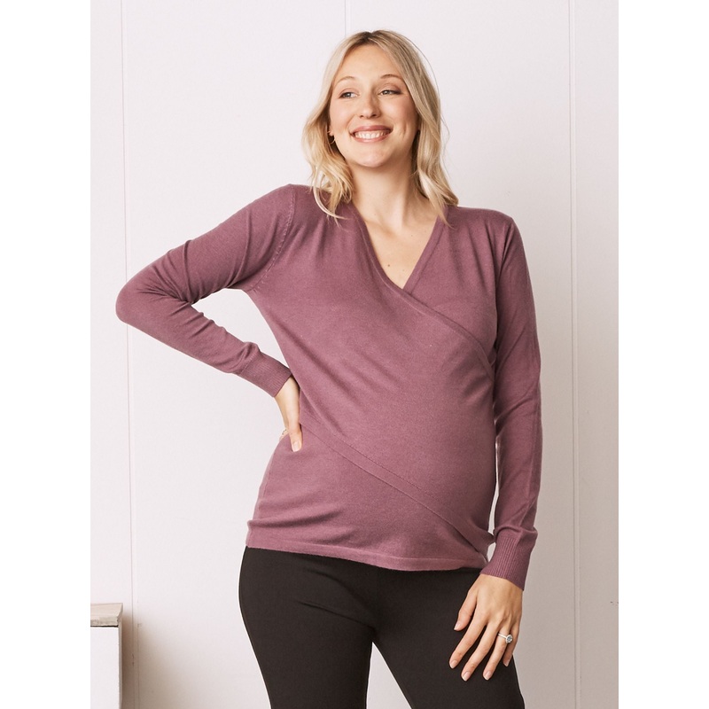 Maternity Crossover Long Sleeve Lightweight Sweater in Mauve XS N253LPU-#D-2