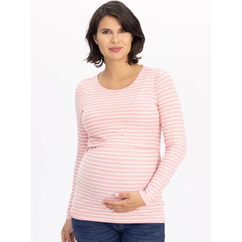 Maternity & Nursing Long Sleeve Cotton Top – Pink Stripes XS N2020PKST-#E-2