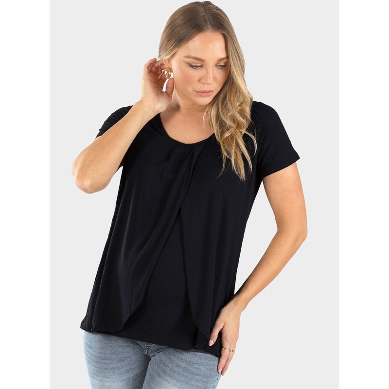 Maternity & Nursing Petal Front Short Sleeve Top in Black XS N269SBLK-#F-9