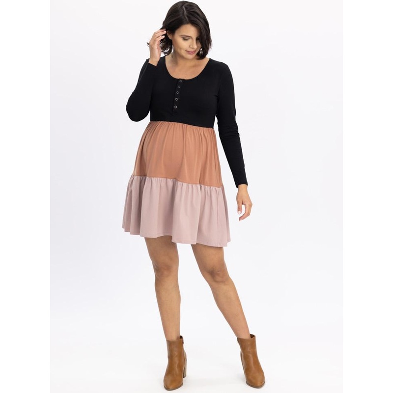 Maternity Tiered Dress Long Sleeve in Multi Color XS N8764LBKB-#J-1