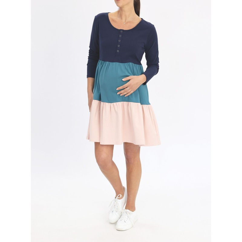 Maternity Tiered Long Sleeve Dress in Multi Color XS