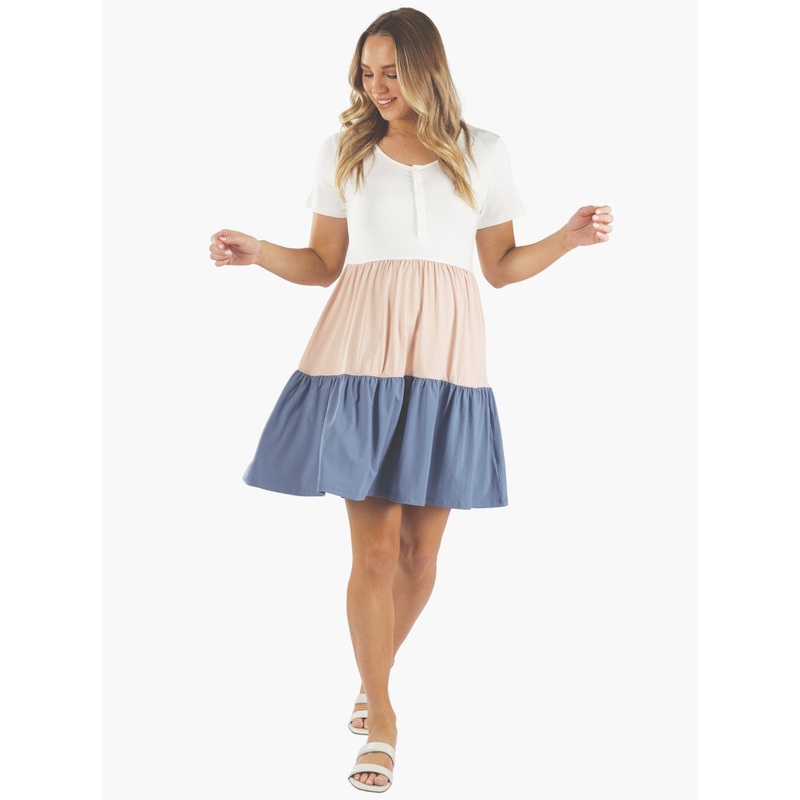 Maternity Tiered Sun Dress in Multi Colors – White, Pink & Blue XS N8764WPB-#F-10