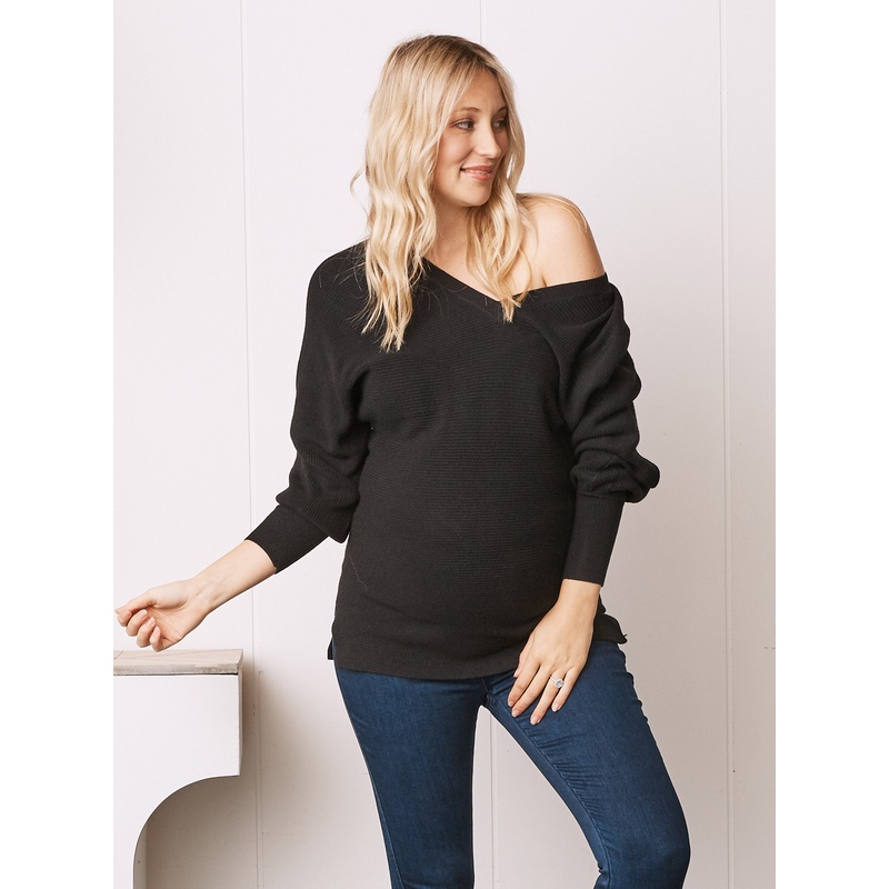 Maternity V-Neck Raglan Sleeve Sweater in Black XS 2568BLK #F-6