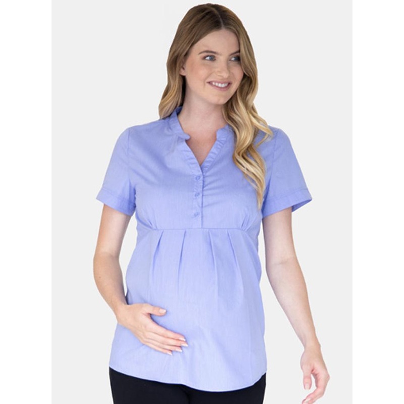 Short Sleeve Maternity & Nursing Blouse Work Top – Blue XS S241C