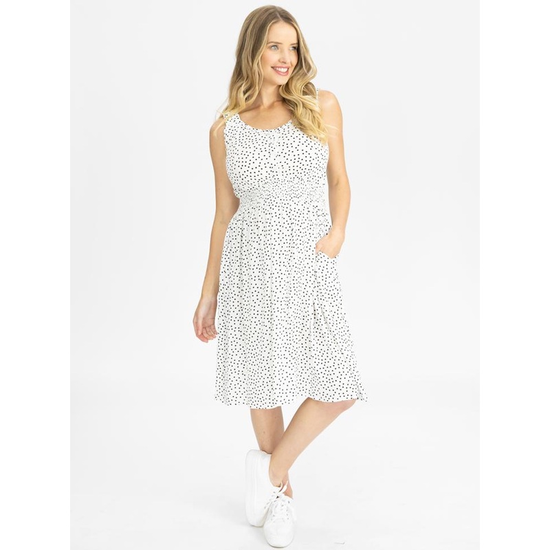 White Maternity/Nursing Dress With Black Dots XS
