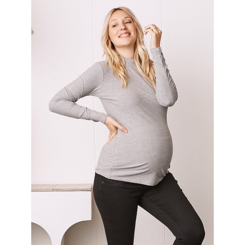 Winter Ribbed Turtle Neck Maternity Top in Marle Grey XS